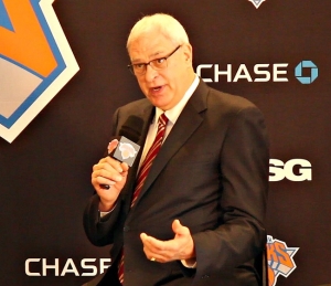 Phil Jackson, President, New York Knicks, talking with the media