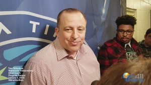 Minnesota Timberwolves head coach and team president, Tom Thibodeau, talking with the media prior to playing the Brooklyn Nets at the Barclays Center in Brooklyn, NY