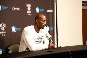 Kevin Garnett of the Brooklyn Nets addressing the media