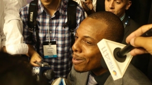 Paul Pierce, Brooklyn Nets shooting guard, talking with the media