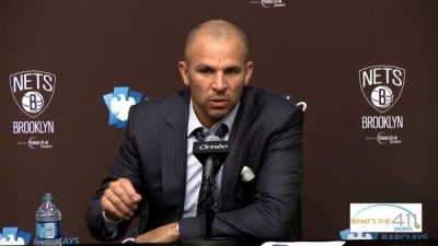 Brooklyn Nets head coach Jason Kid talking with the media