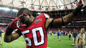 Atlanta Falcons outside linebacker O&#039;Brien Schofield dabbin&#039; after Falcons&#039; 20-13 win over the Carolina Panthers on Sunday