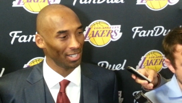 Kobe Bryant talking with the media at the Barclays Center after a Lakers 104-98 win over the Brooklyn Nets on November 6, 2015