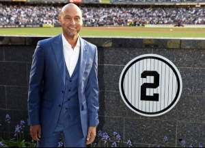 Former New York Yankees shortstop, Derek Jeter, at the retirement ceremony of his No. 2