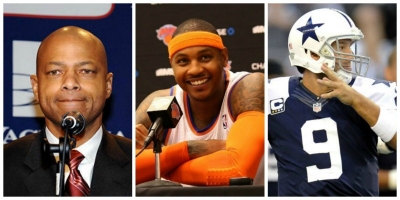 Photo (from left to right): NY Giants general manager Jerry Reese, New York Knicks forward Carmelo Anthony, and Dallas Cowboys quarterback Tony Romo