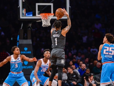 NBA Basketball: Brooklyn Nets guard D&#039;Angelo Russell (1) shoots a jumper over Sacramento Kings, on Monday, Jan. 21, 2019, in New York.  