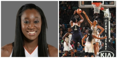 Photo left to right: New York Liberty center Tina Charles and rookie center Kiah Stokes goes up for a block shot.