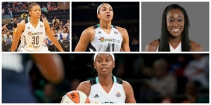 Photo from left to right and bottom: New York Liberty players: Tanisha Wright, Kiah Stokes, Tina Charles and Sugar Rodgers 