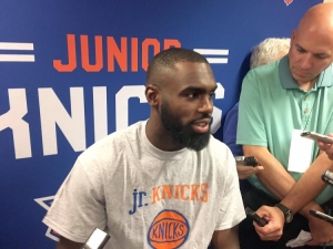 Tim Hardaway Jr. at his re-introduction press conference at Baruch College on July 10, 2017. 