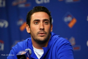 New York Mets pitcher Matt Harvey talking with the media