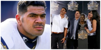 Photo left to right: Junior Seau and his children taking a selfie after their father was inducted into the Pro Football Hall of Fame