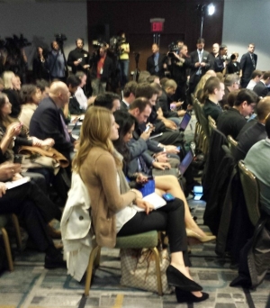 Media waiting for NBA Commissioner Adam Silver to arrive at a press conference to discuss Los Angeles Clippers&#039; owner, Donald Sterling&#039;s fate after the revelations of Sterling&#039;s racist comments 