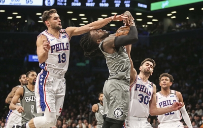 Brooklyn Nets forward Taurean Prince defending the ball in a basketball game against the Philadelphia 76ers at the Barclays Center in Brooklyn, NY on Martin Luther King Jr. Day, January 20, 2020.