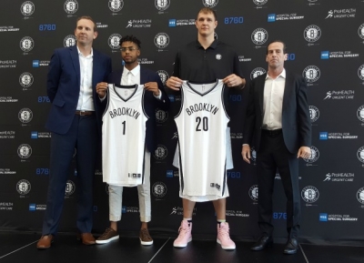 Sean Marks, General Manager, Brooklyn Nets; D’Angelo Russell, Brooklyn Nets guard; Timofey Mozgov, Brooklyn Nets center; and Kenny Atkinson, Head Coach, Brooklyn Nets